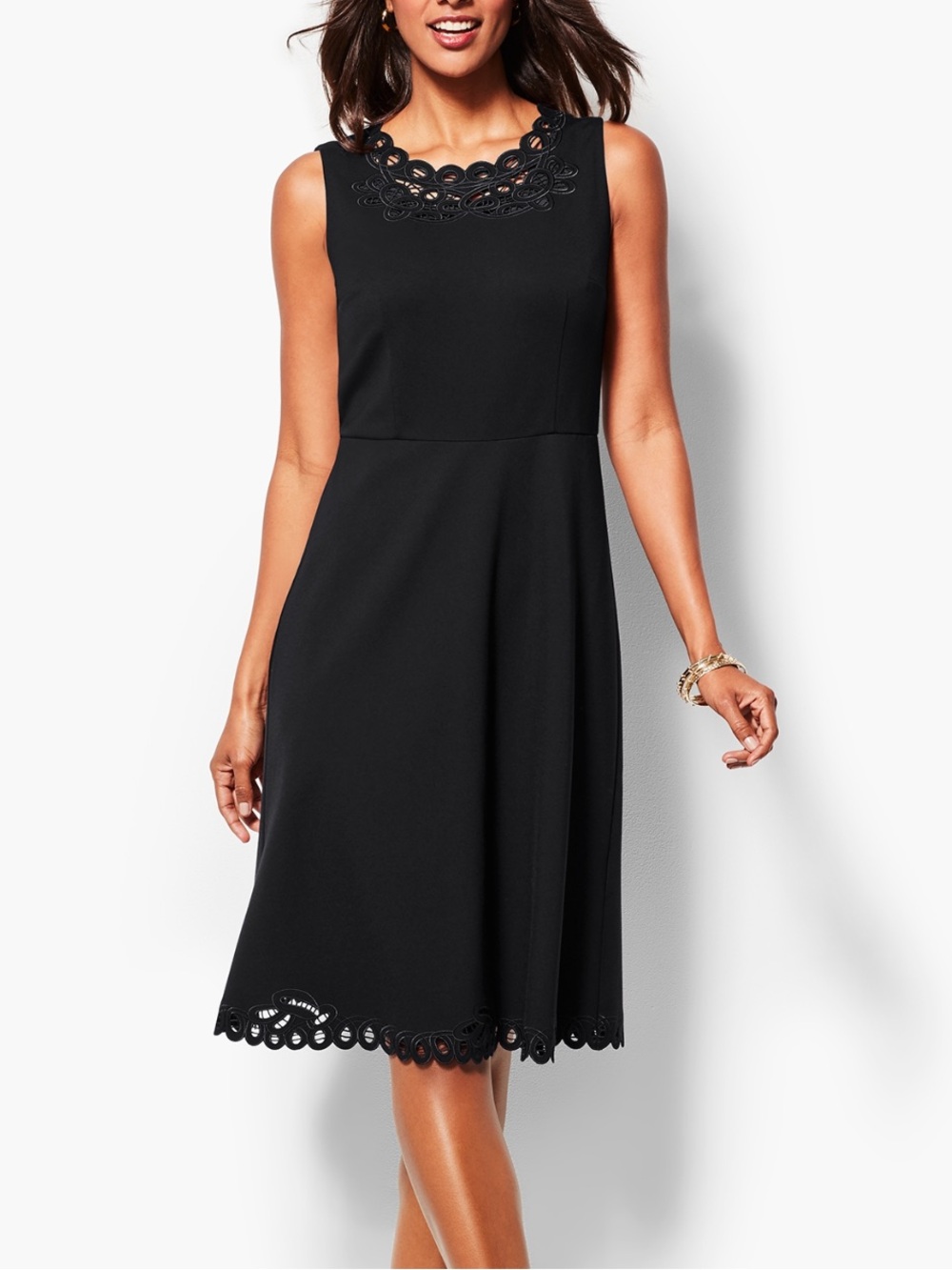 Talbots Black Fit Flare Dress Soutache Cutout Sleeveless Preppy Classic size 16